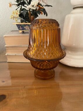 Vintage Indiana Glass Amber Fairy Lamp Pedestal Diamond Pattern Candle Holder